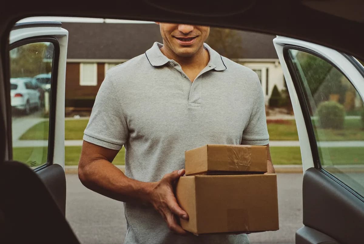 A delivery driver holding a stack of parcels at the open doors of a delivery van