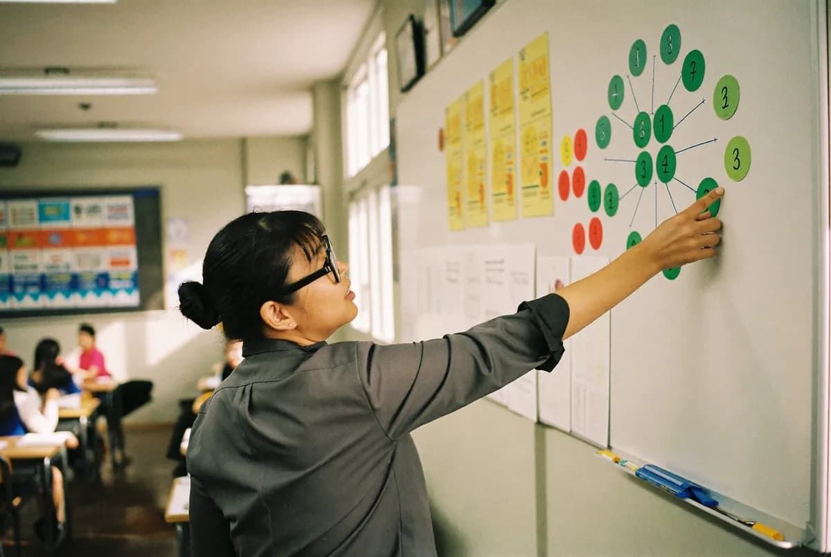 An elementary school teacher pointing at a whiteboard in front of a classroom
