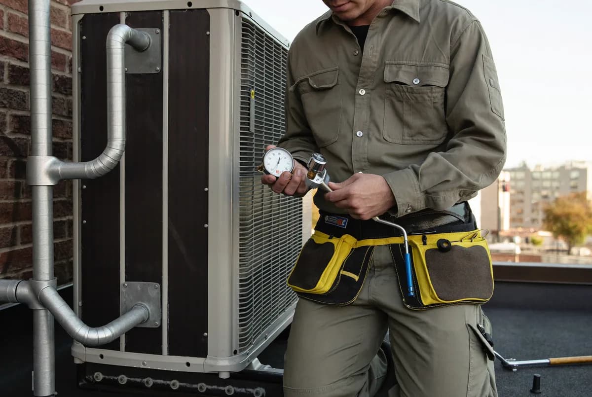 An HVAC technician checking gauge readings beside a rooftop HVAC unit