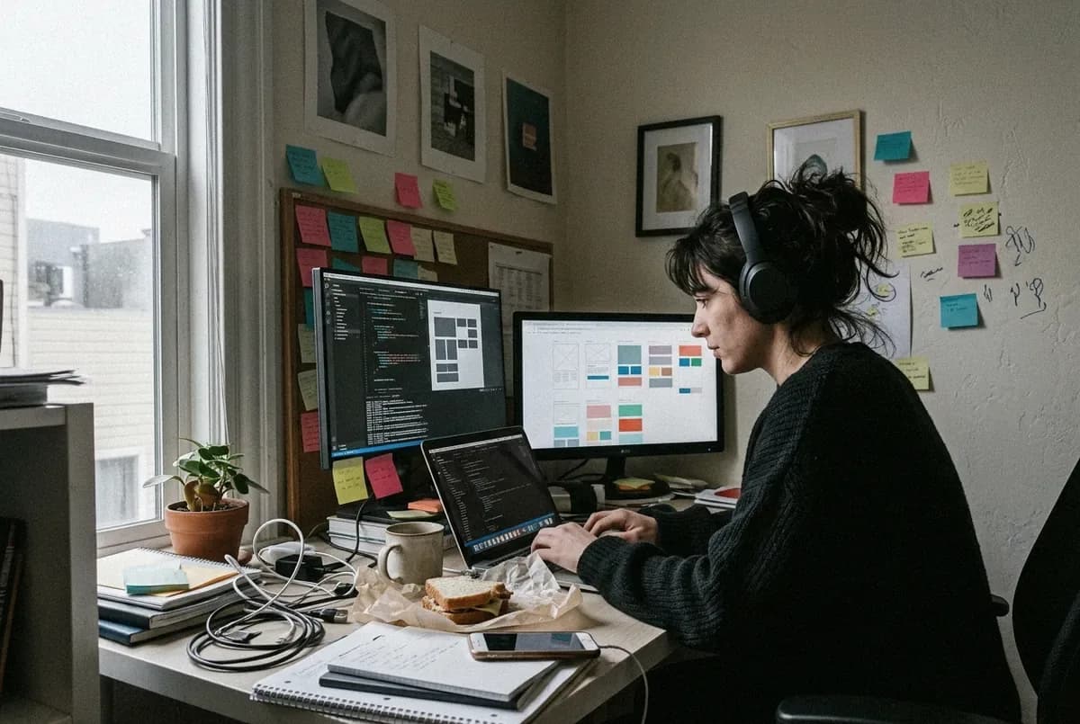 A software engineer in headphones reading code on two screens at a home desk