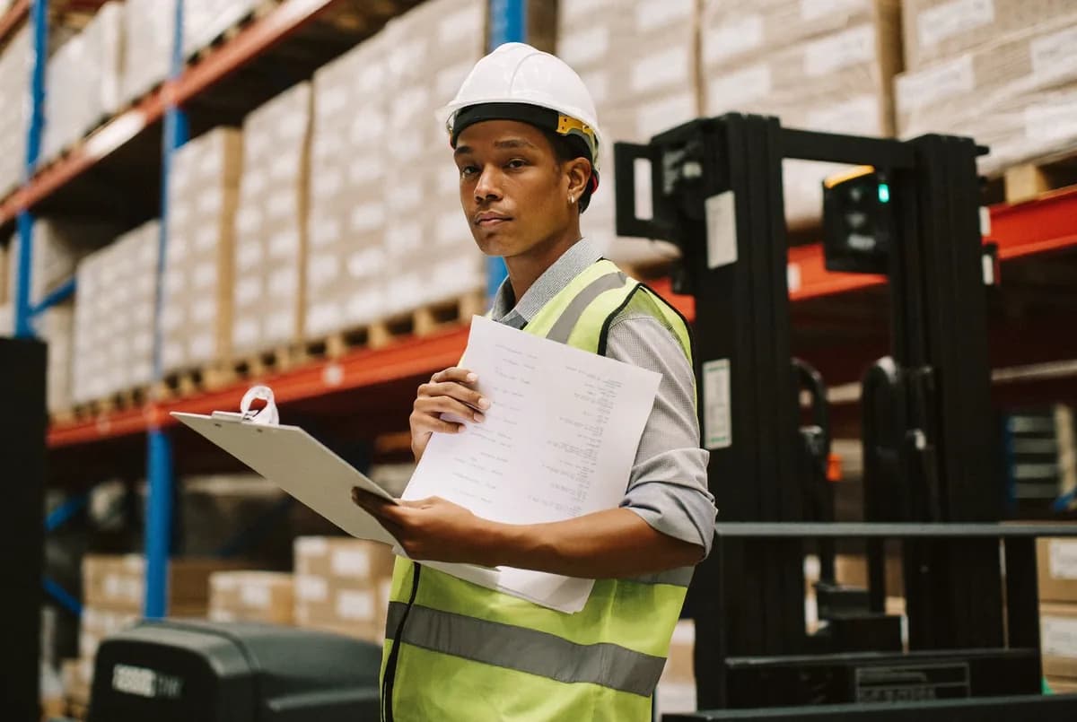 A warehouse supervisor reviewing a clipboard of inventory sheets in a forklift aisle