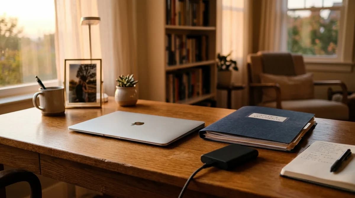 A home desk with a closed laptop and a folder of career documents