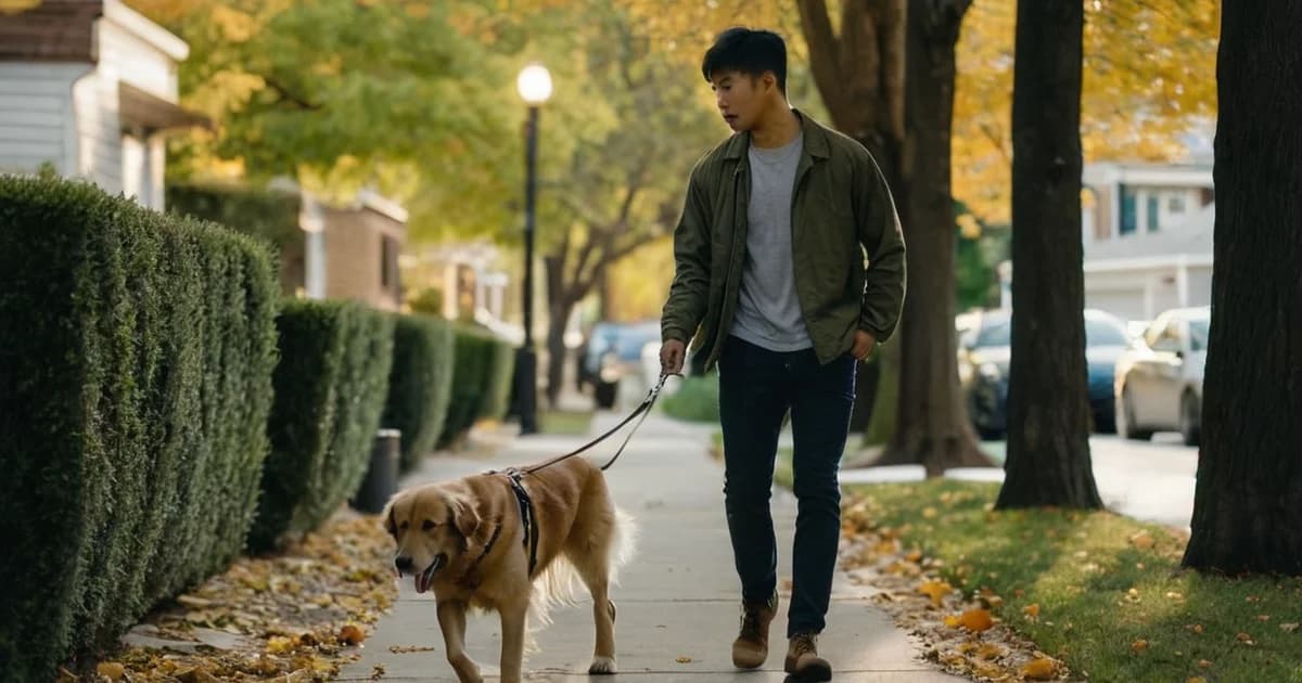 A young man rehearses AI engineer interview answers out loud while walking his golden retriever on an autumn evening
