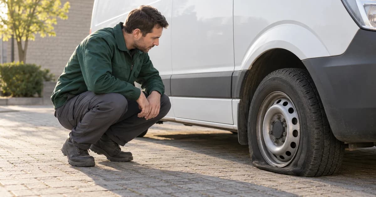 Illustration of a delivery driver inspecting a deflated tire on a parked unbranded van.