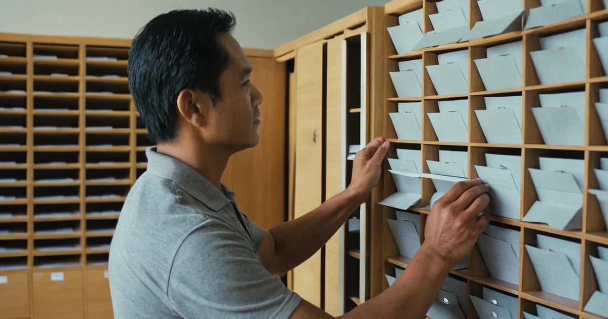 A mailroom clerk sorting envelopes into a wall of wooden cubbyholes