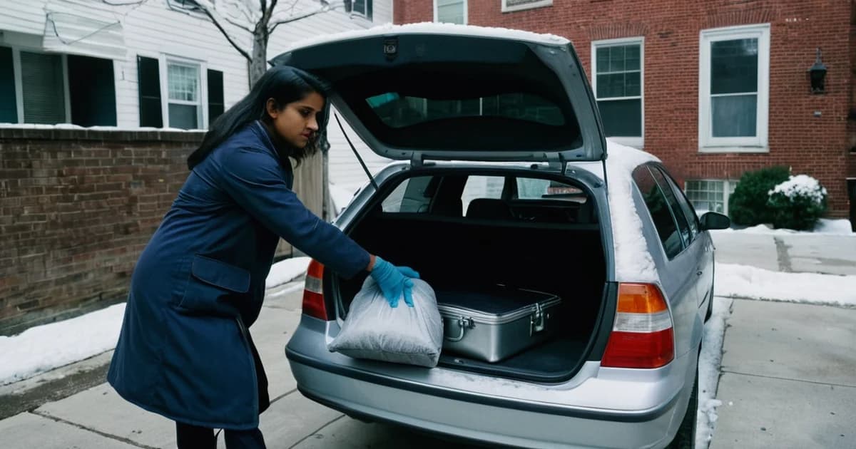 A travel nurse loads luggage into the open trunk of her silver car on a snowy brick street, packing up for her next nursing assignment.