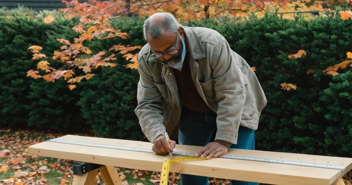 A carpenter measuring and marking a pine board on sawhorses, the kind of hands-on work a carpenter cover letter should describe