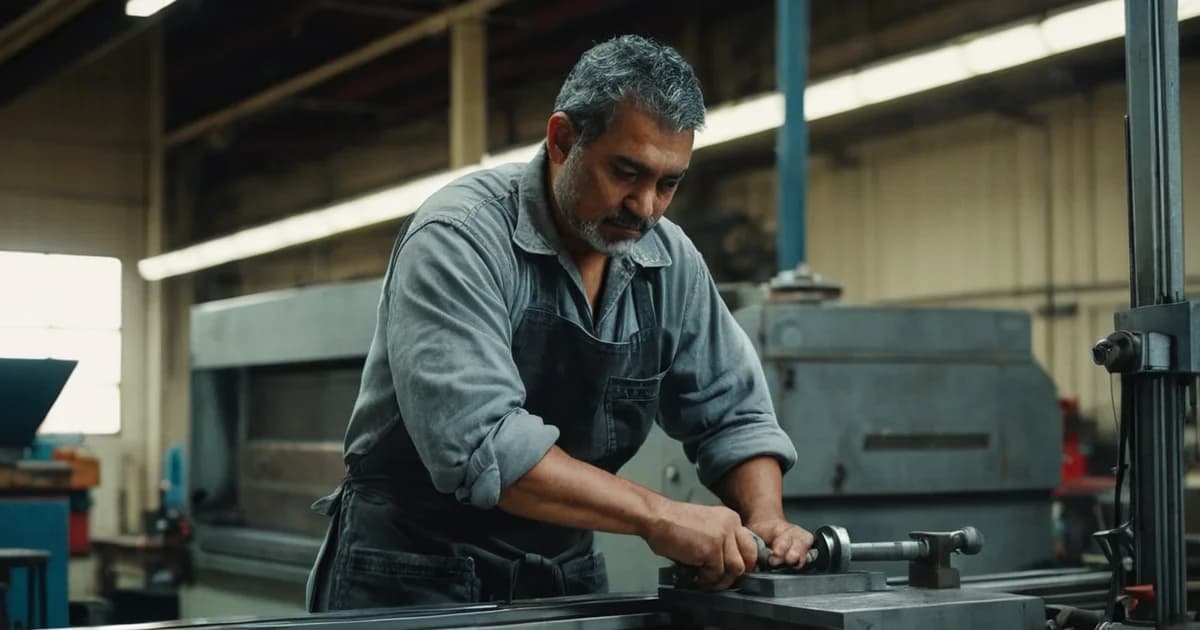 A CNC operator in a grey work shirt and apron tightens a vise handle on a machine table, the hands-on setup work a strong cover letter describes.