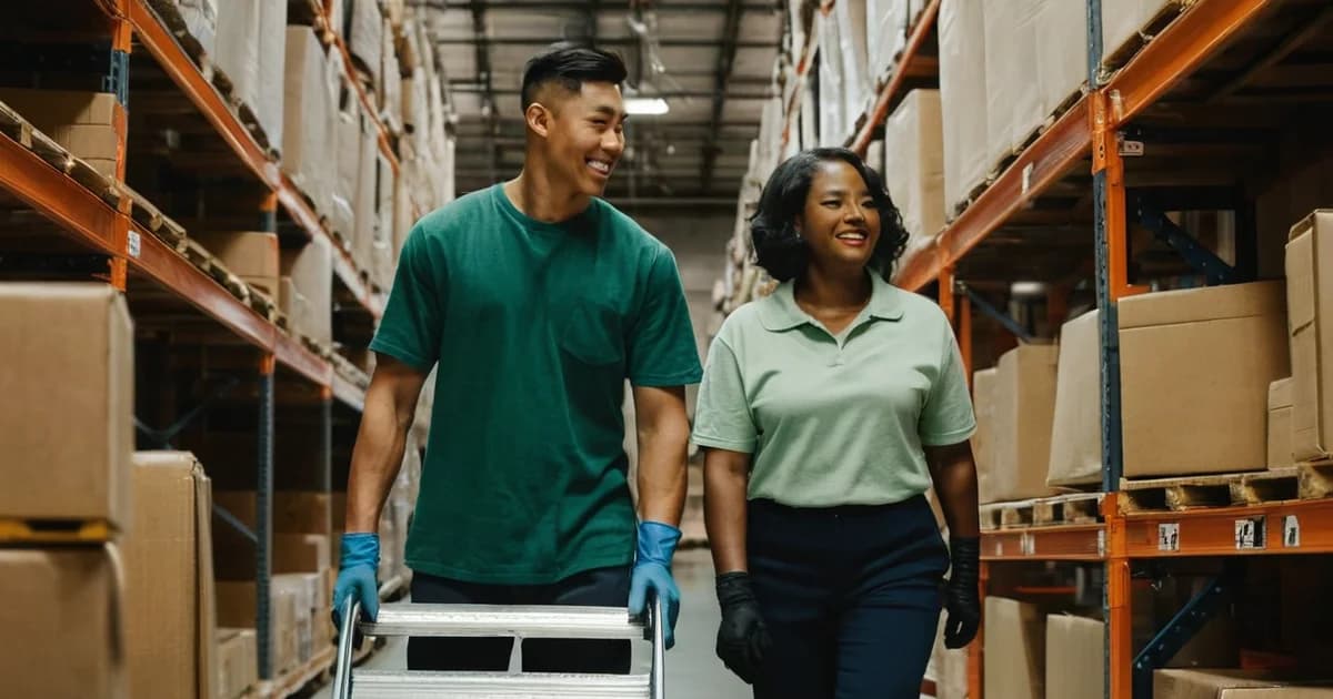 A new warehouse hire pushes a hand truck down a racked aisle beside a smiling experienced coworker during his first week of training.