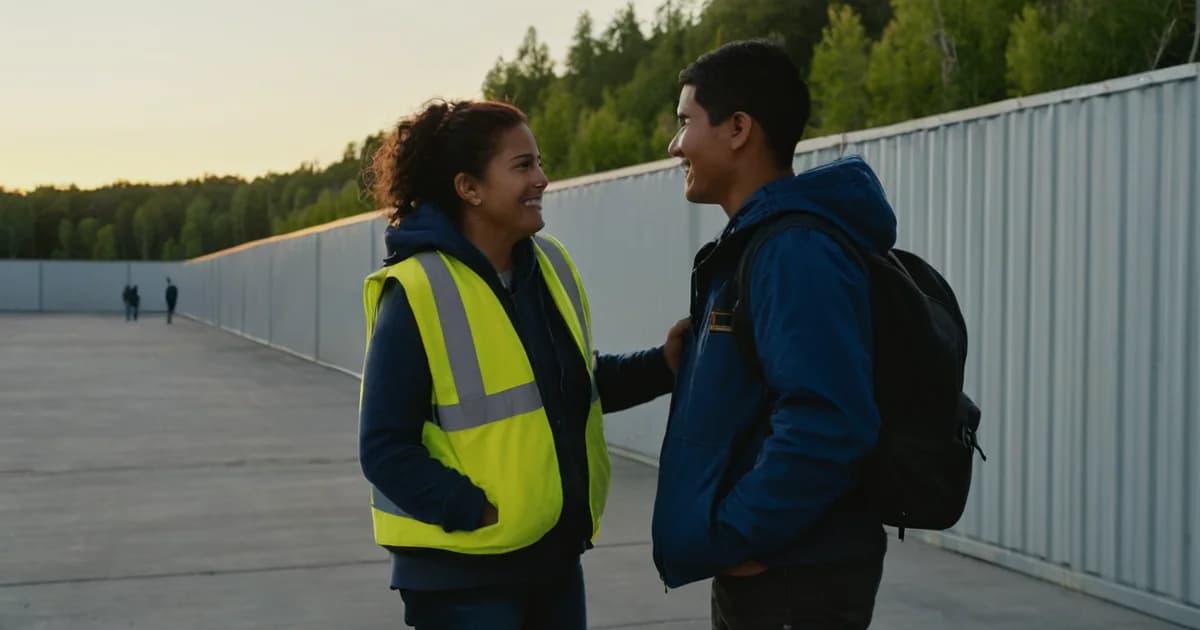 A woman in a safety vest talks with a young man wearing a backpack by a steel wall at dusk, like the new shift training a cover letter can cite.