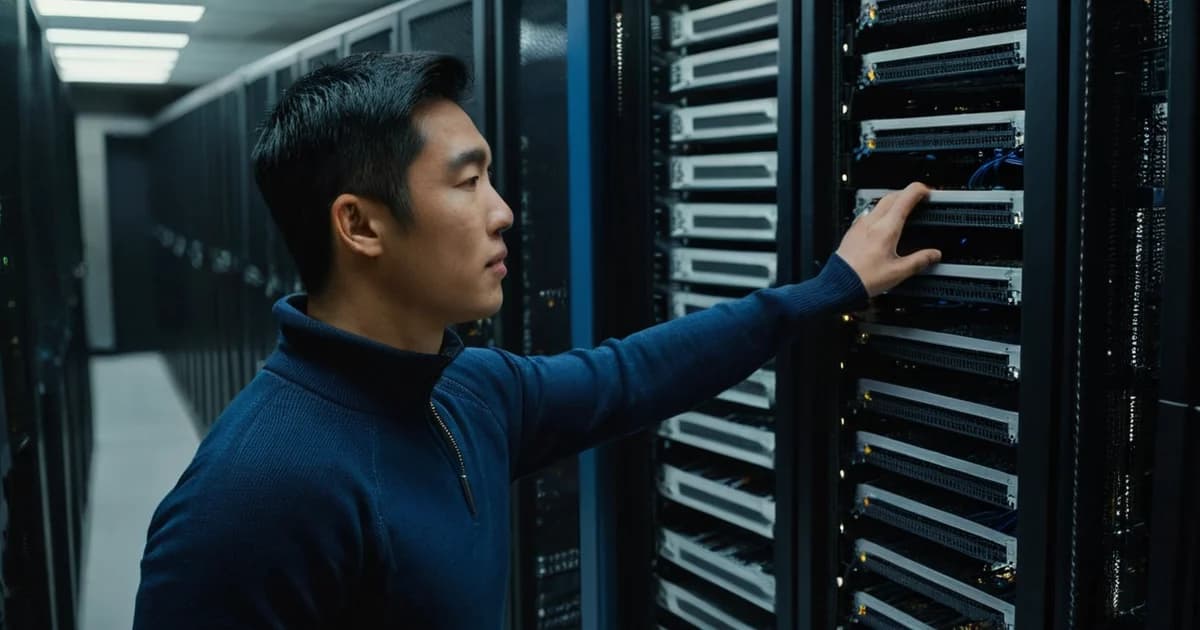 An IT analyst in a navy sweater checks a server in an open rack in a data center aisle, the kind of hands-on work behind cybersecurity interview answers.