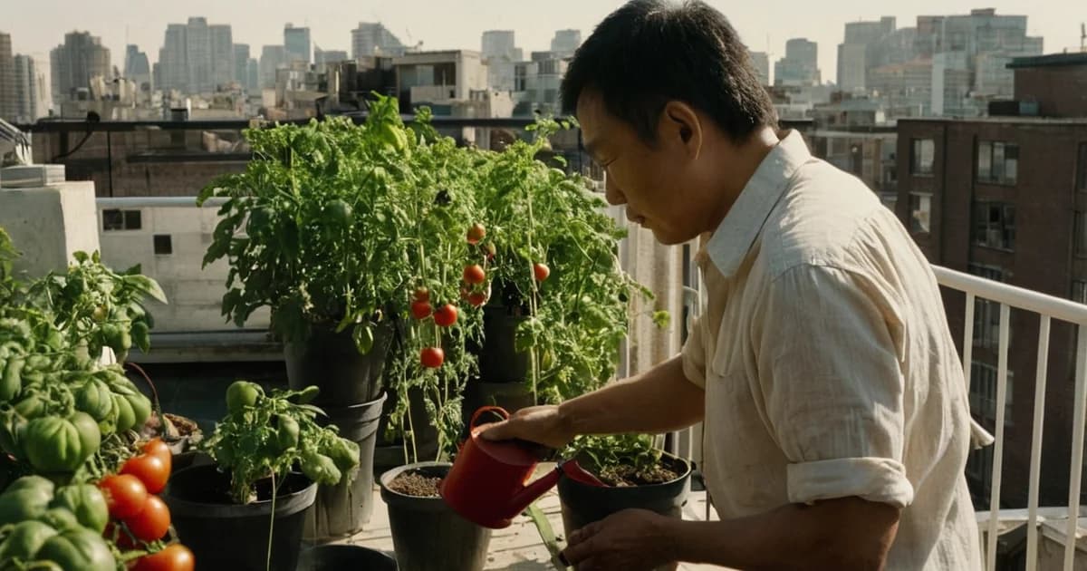 A man watering tomato plants on a sunny apartment balcony while he waits