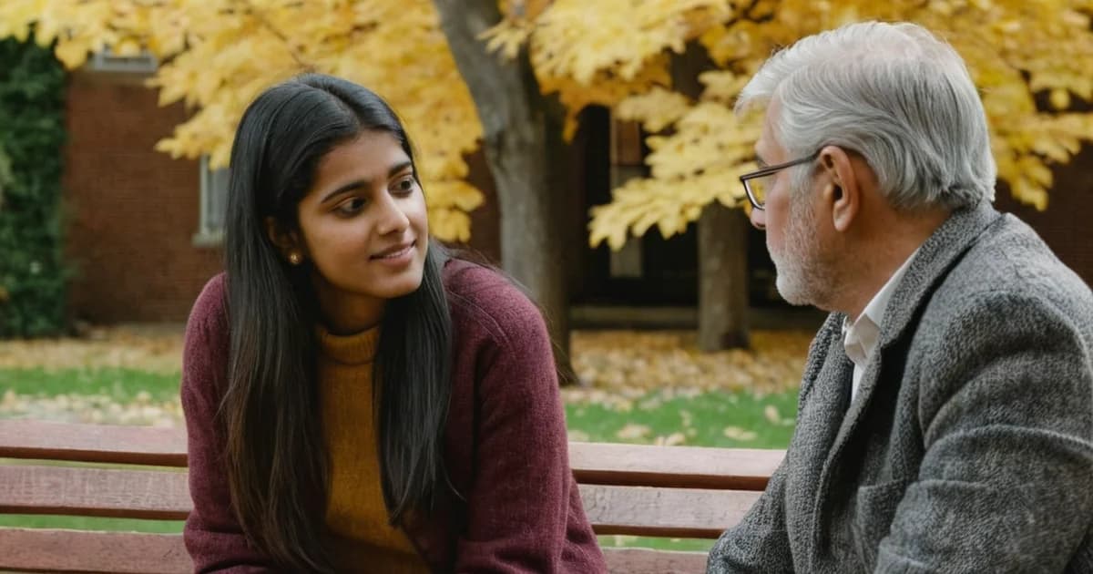 An international graduate on a campus bench talks with her grey-haired advisor, the DSO talk to have before OPT unemployment days run out.