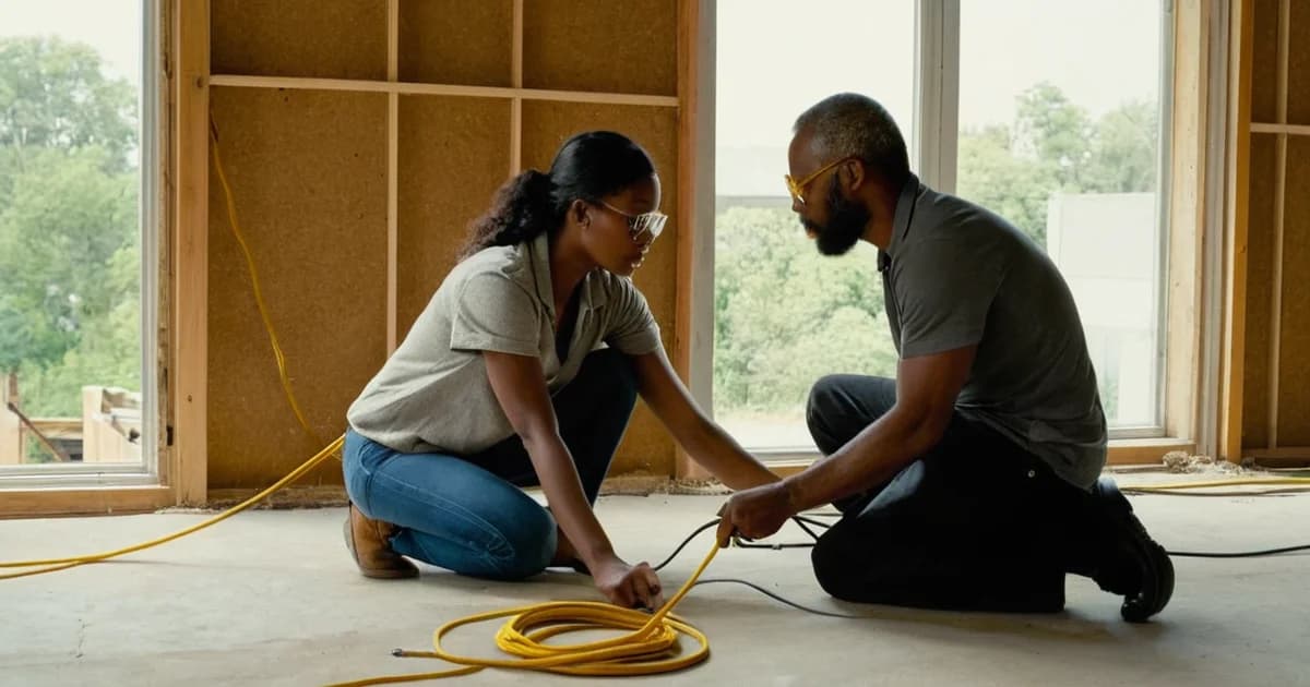 An electrician apprentice and an experienced electrician kneeling on the floor of a house under construction, pulling yellow cable together