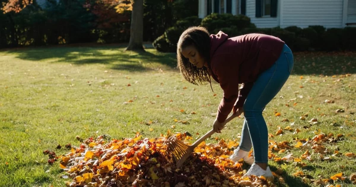 A teenage girl in a maroon hoodie rakes autumn leaves into a pile on a front lawn, the kind of yard work worth listing on a first resume.
