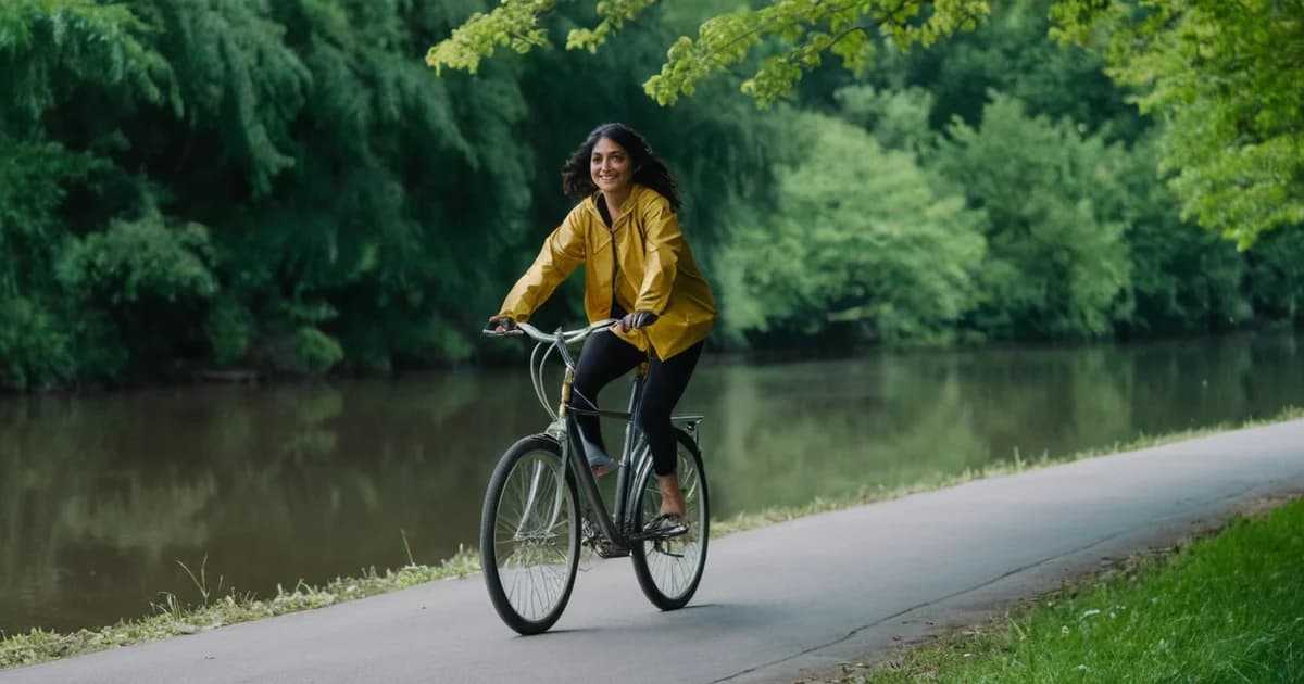 A young woman in a yellow rain jacket cycles along a riverside path on her short commute to the job she chose after declining another offer.