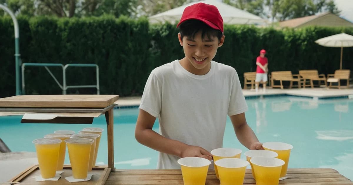 A teenage boy in a red cap arranges cups of lemonade on a poolside snack stand counter, the kind of summer job a no-experience cover letter can use.