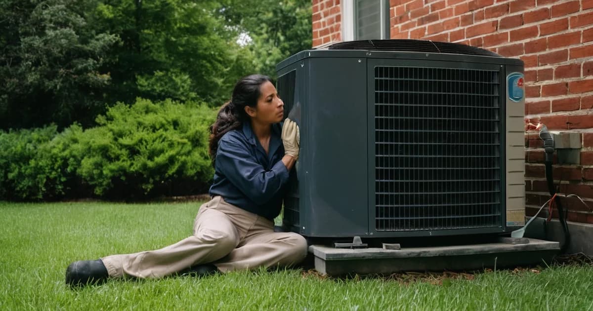 An HVAC technician sits on the lawn beside a home's outdoor condenser and checks it with a gloved hand, the hands-on work HVAC interview questions probe.