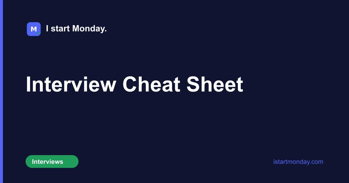 Title card for "Interview Cheat Sheet" - I start Monday.