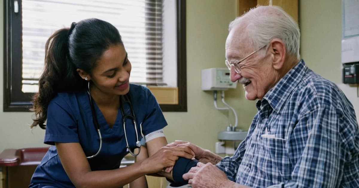 A medical assistant in navy scrubs fitting a blood pressure cuff on an older patient in a clinic exam room