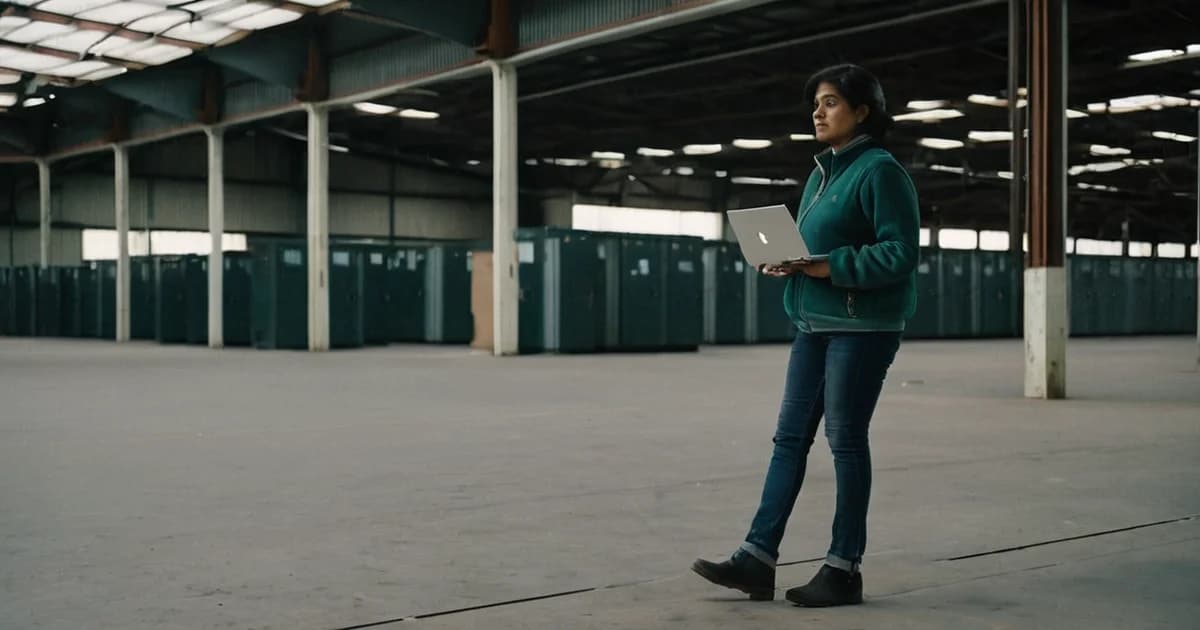 A network administrator in a green fleece carries an open laptop across an empty industrial floor on her way to an after-hours firmware update.