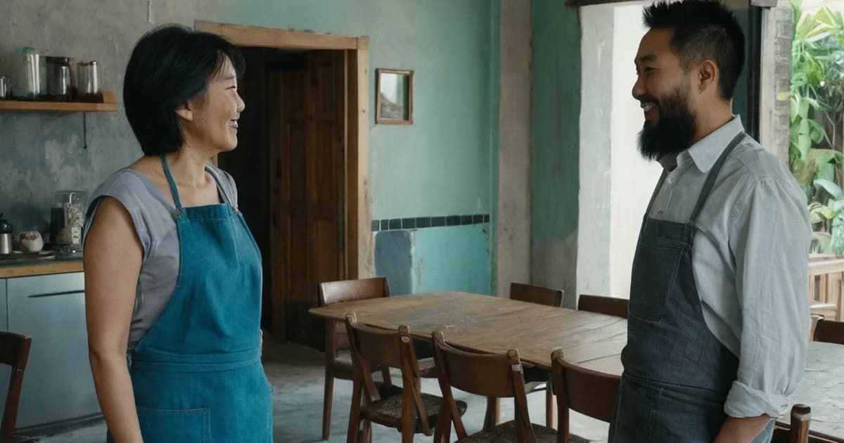 A woman and a bearded man in aprons talk face to face in a quiet cafe, the kind of exchange where a candidate asks about the job.