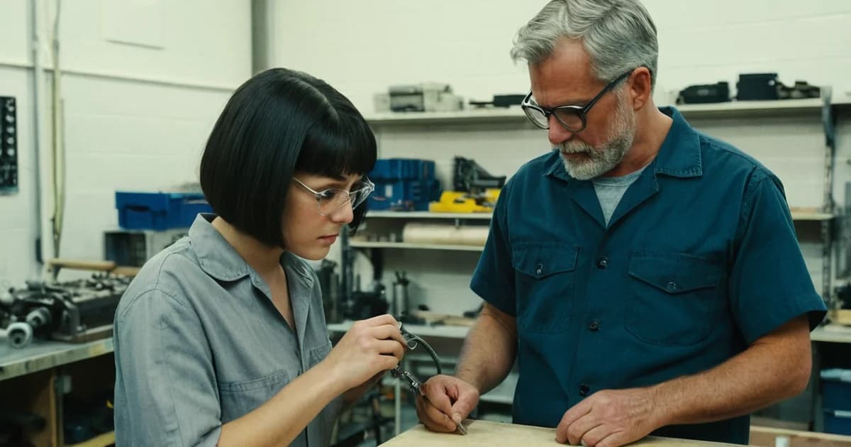 A veteran machinist and a young apprentice examining a small metal part together in a workshop
