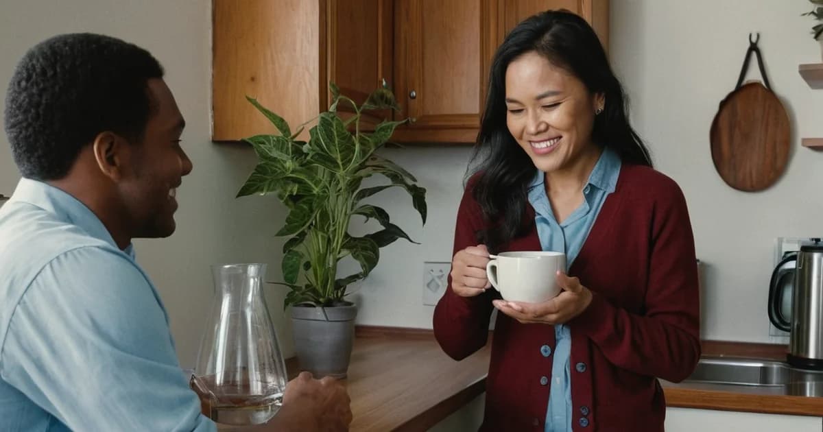 A new hire smiles at an experienced colleague holding a white coffee mug beside a glass carafe in an office break room on his first morning.