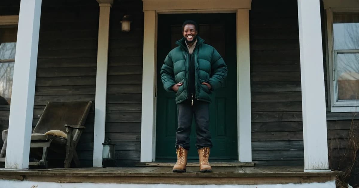 A young man in a green puffy jacket and tan work boots stands on a wooden porch on a cold morning, dressed for seasonal loading dock work.
