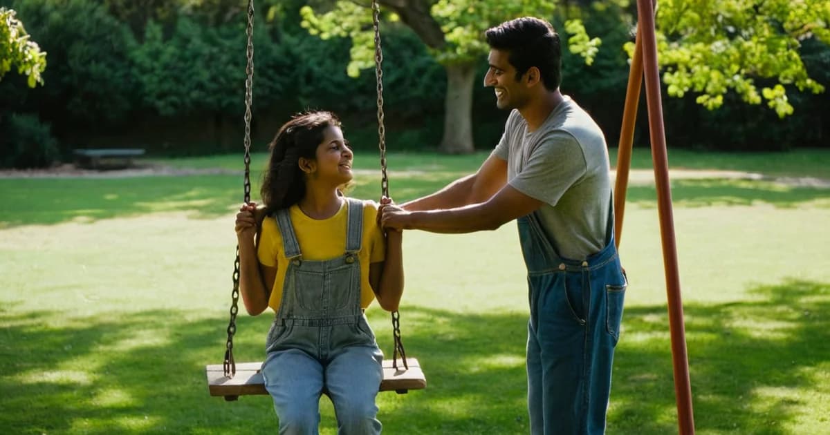 A smiling man steadies his daughter on a park swing, the calm on-call weekend a software engineer earns by writing good runbooks.