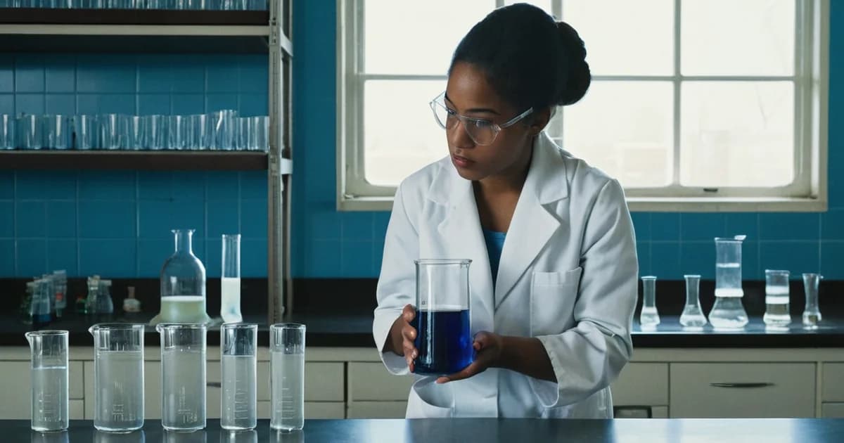 A chemistry teacher in a lab coat holds a beaker of blue liquid at a lab bench, for an article on teacher interview questions about lessons.