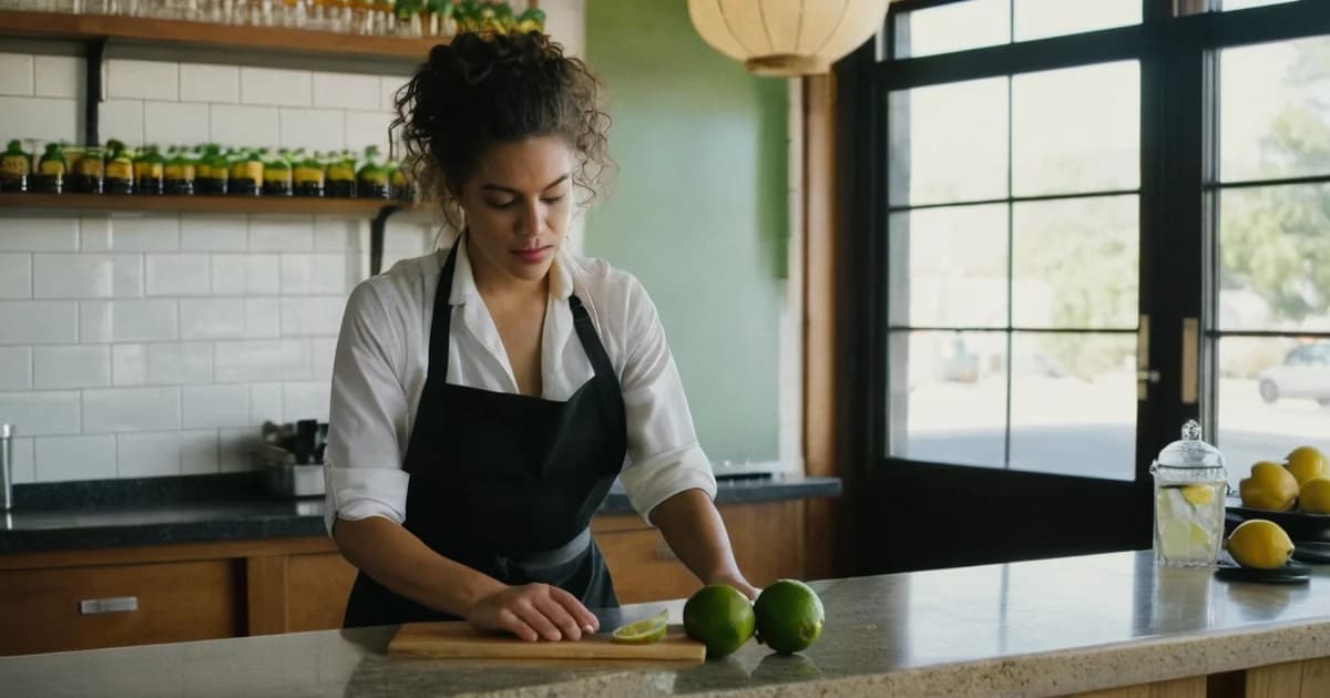 A bartender preparing limes at an empty bar before opening, the setup time that counts toward a bartender's hourly wage