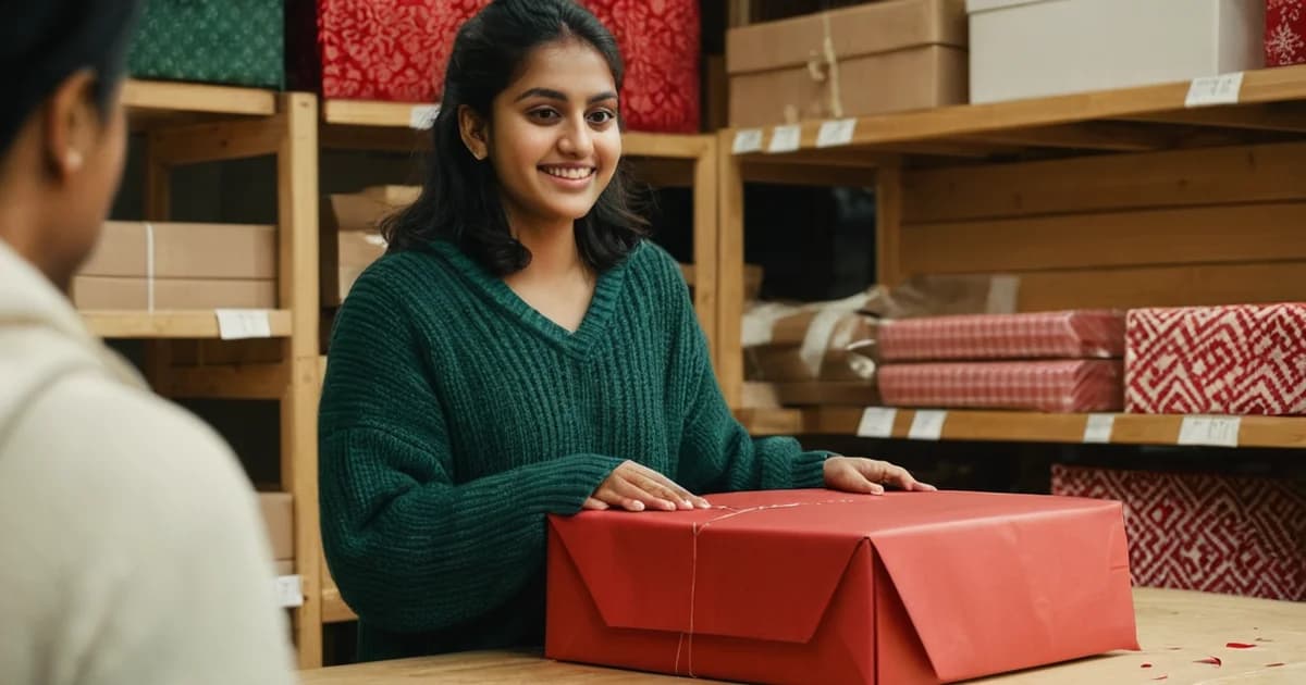 A seasonal store worker in a green sweater smiles at a customer across a wooden counter after wrapping a red gift box, typical holiday hire work.