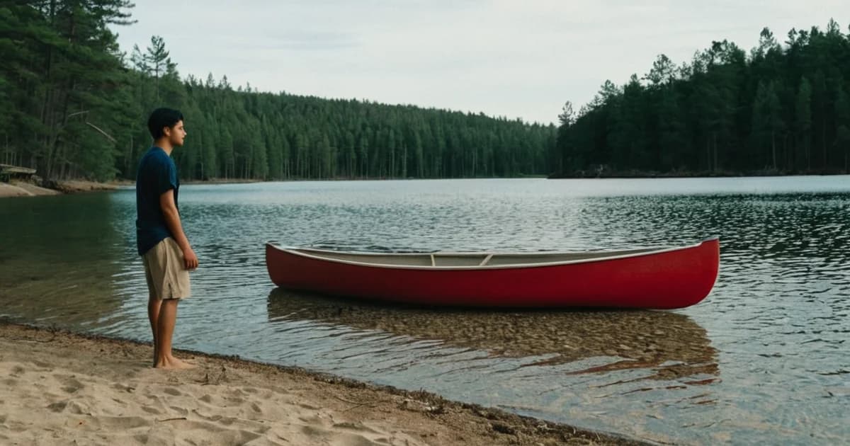 A young camp counselor stands barefoot on a lake shore watching a red canoe float on calm water by pine woods, a typical summer seasonal job.