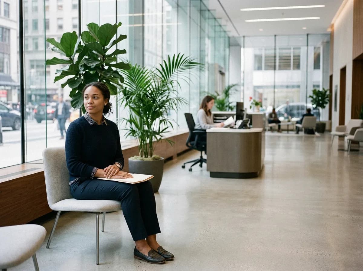 A candidate walking into an office lobby for an interview
