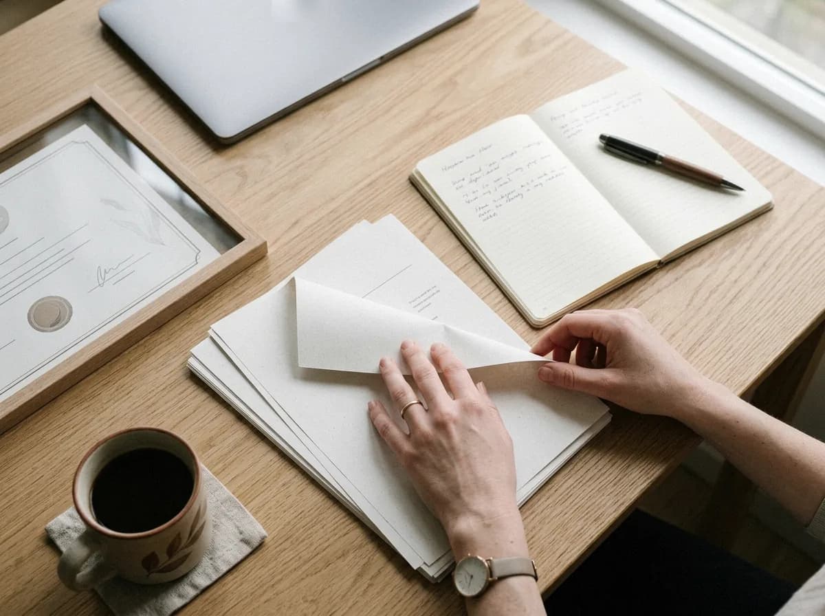 Hands sorting printed resumes, certificates and notes on a desk