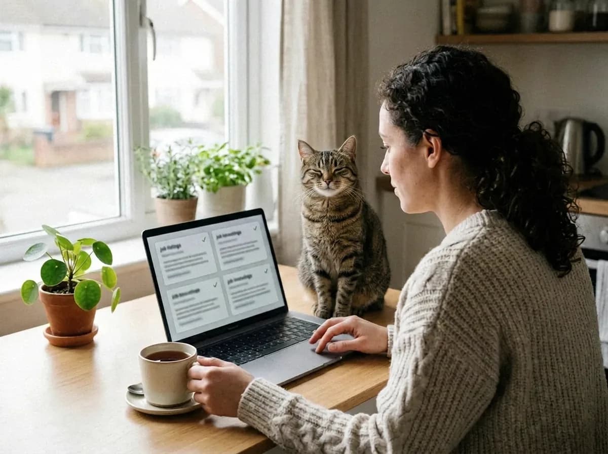 A person reading job openings on a laptop at a kitchen table