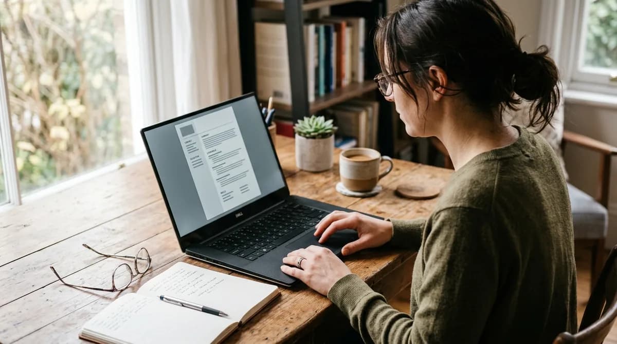 A person formatting a single-column resume on a laptop