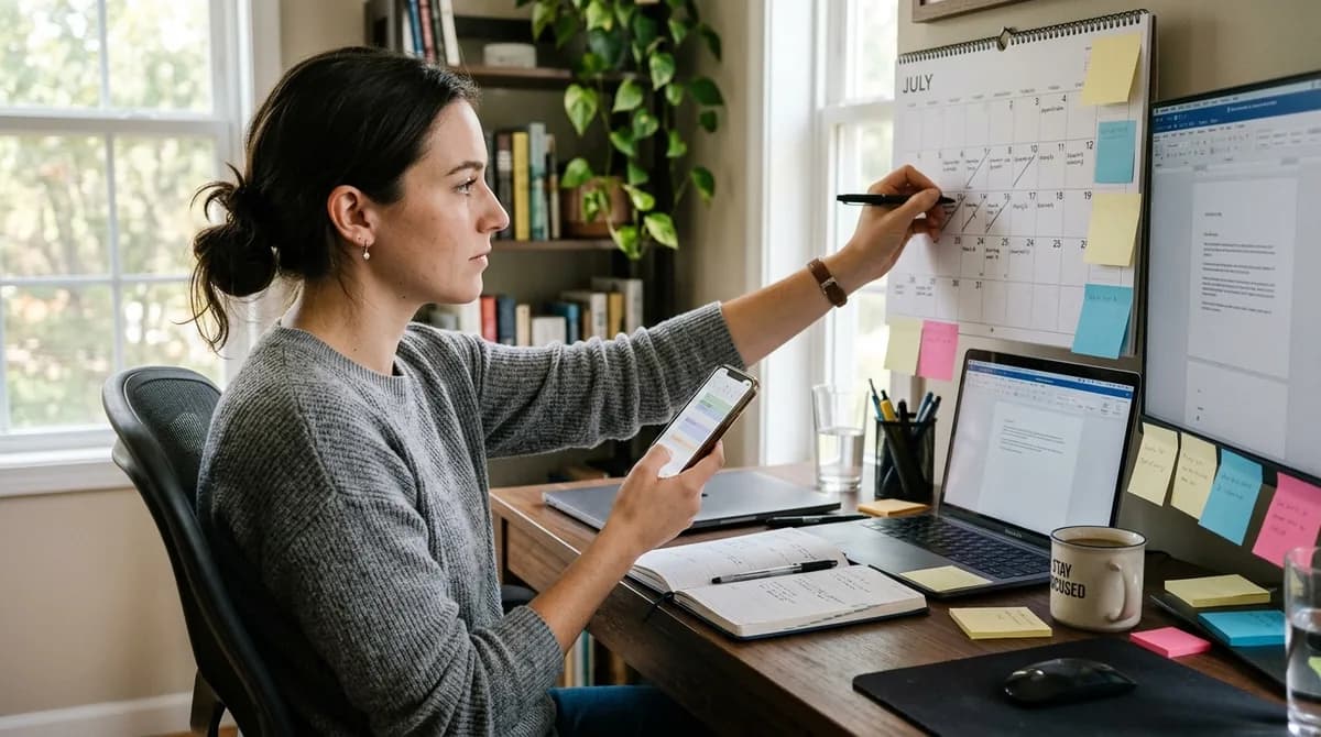 A person checking a calendar and phone while planning follow-ups
