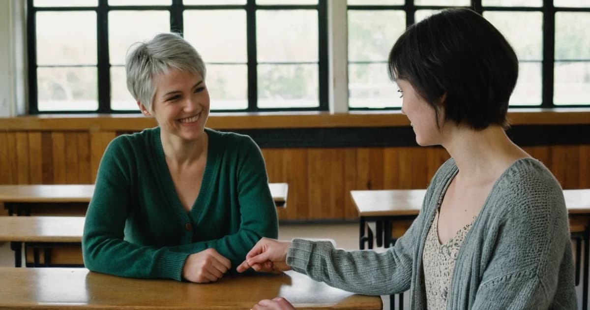 A former student talking with a teacher across a classroom desk while asking her to be a job reference