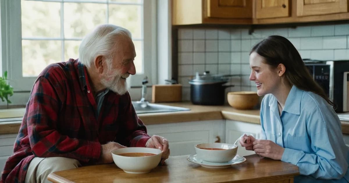 A home caregiver in a light blue uniform shares a bowl of soup with an elderly man at his kitchen table