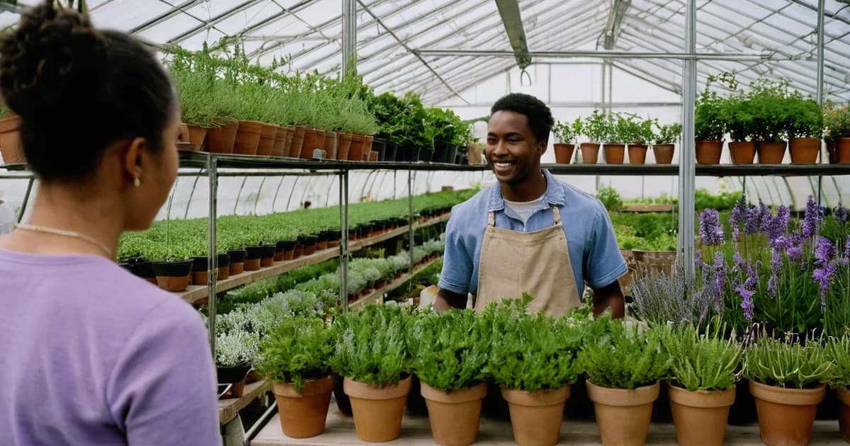A garden center employee in an apron smiling at a customer across a bench of potted herbs, a customer service moment