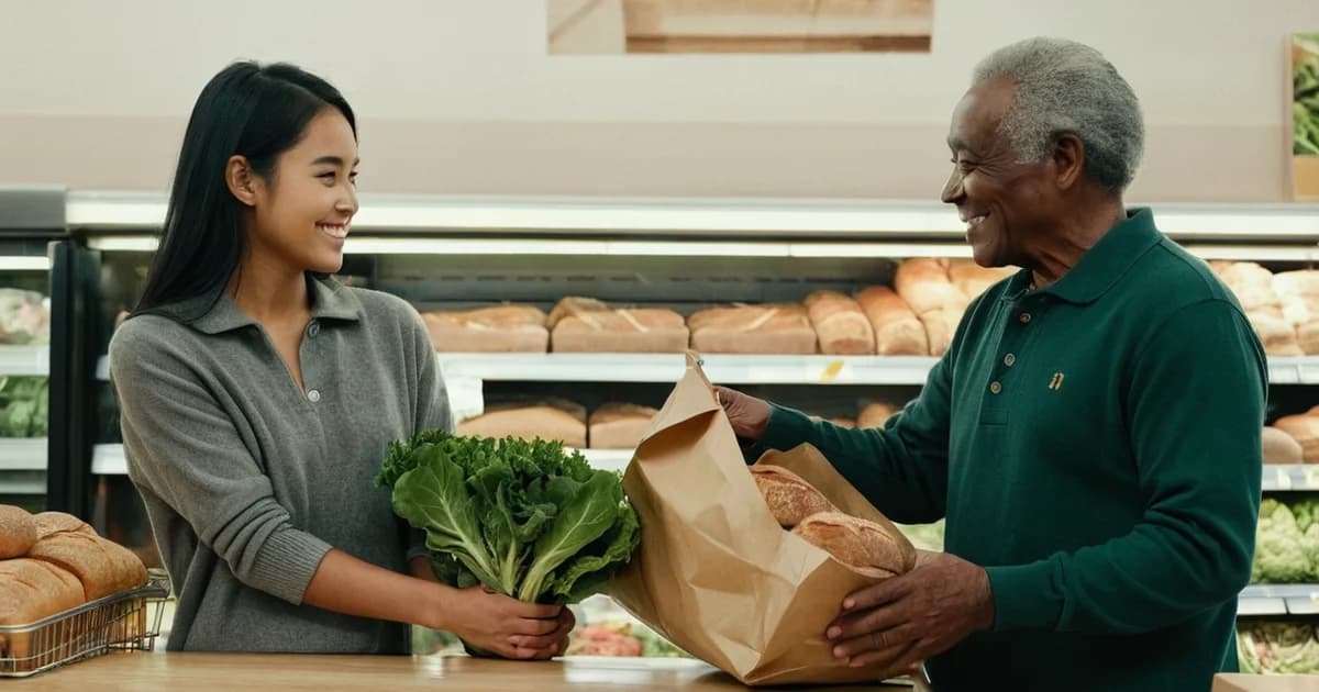 A grocery clerk passes fresh greens across a counter to a smiling older customer holding a paper bag, everyday customer service at the register.