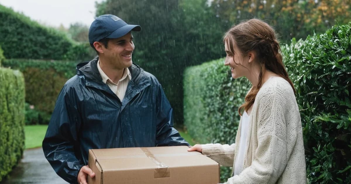 A delivery courier handing a parcel to a smiling customer in the rain, the kind of customer service moment a resume can describe