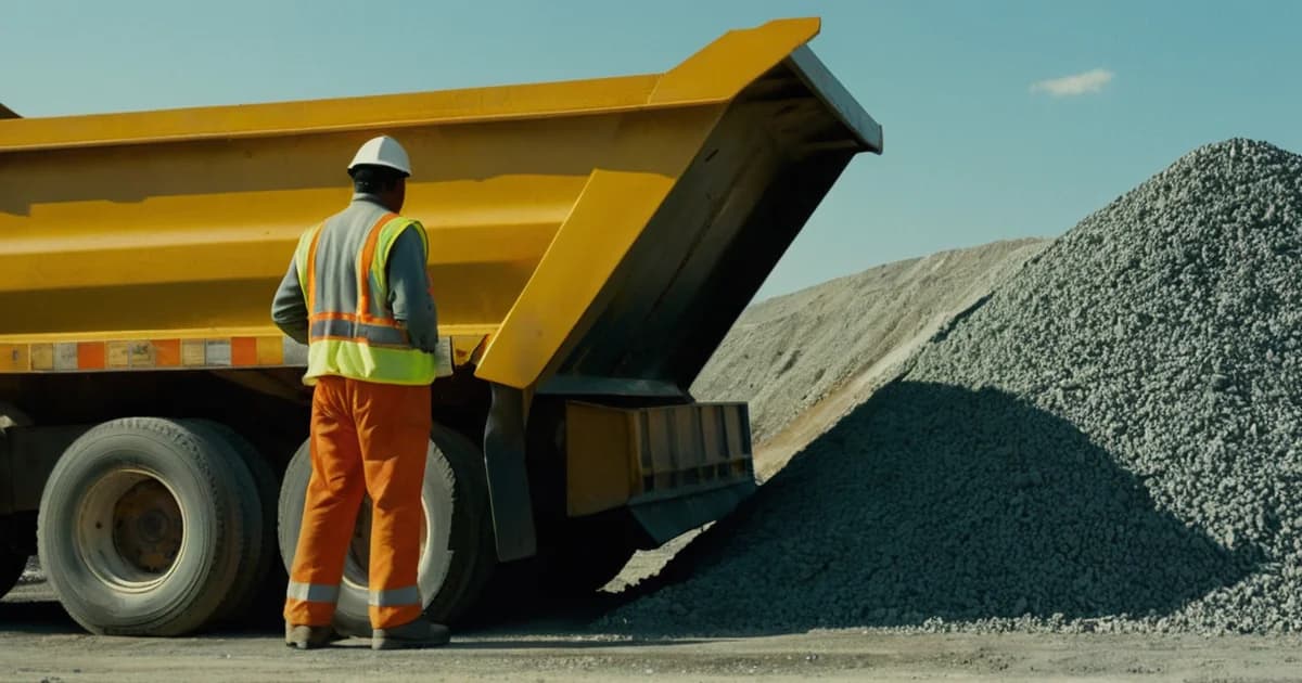 A dump truck driver in a hard hat and safety vest checks the side of a yellow dump body beside a quarry gravel pile during a walk-around inspection.