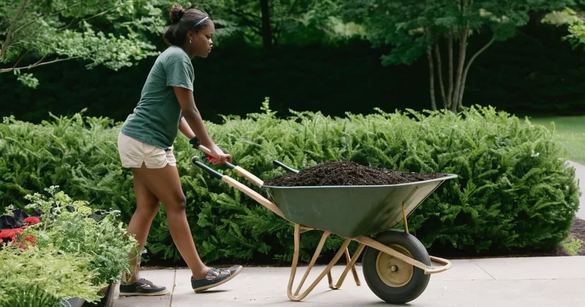 A college student on a summer grounds crew pushes a wheelbarrow of mulch along a campus walkway, the kind of 15 dollar an hour job behind annual pay math.