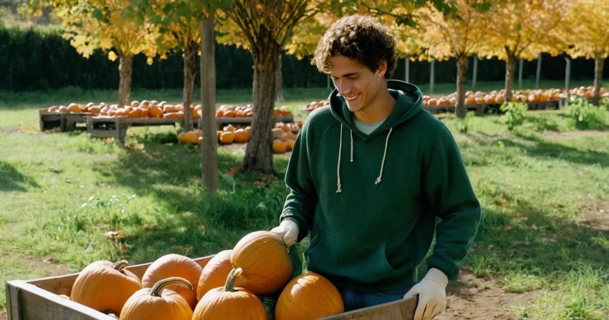 A seasonal farm worker in work gloves loading pumpkins into a wooden cart at a pumpkin patch