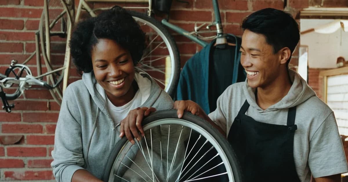 A bike shop worker and a friend laugh over a bicycle wheel, the kind of small business a new web developer might build a booking form for.