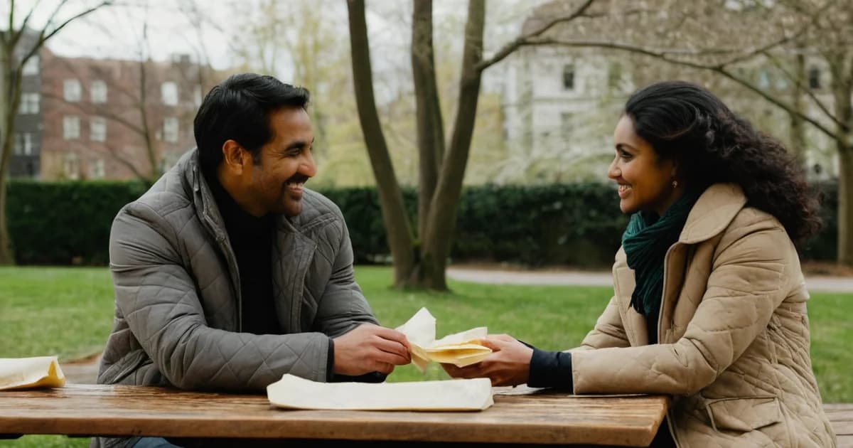 Two former coworkers share a sandwich at a park picnic table in early spring, the kind of catch-up that helps when changing careers after a layoff