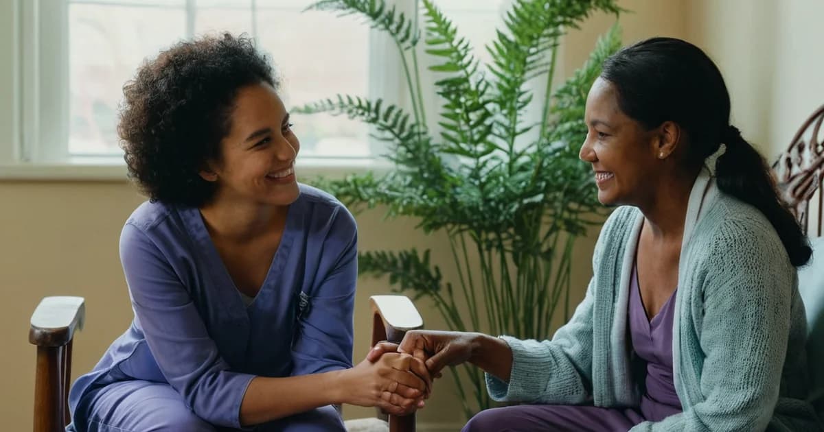 A smiling worker in purple scrubs leans toward a seated older woman and holds her hand, the kind of patient-facing role a fast job search can target.